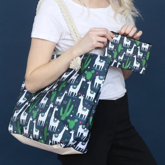 Llamas & Cacti / Heart Tote & Zip Pouch/Wallet - Navy/ White/Green - NWT